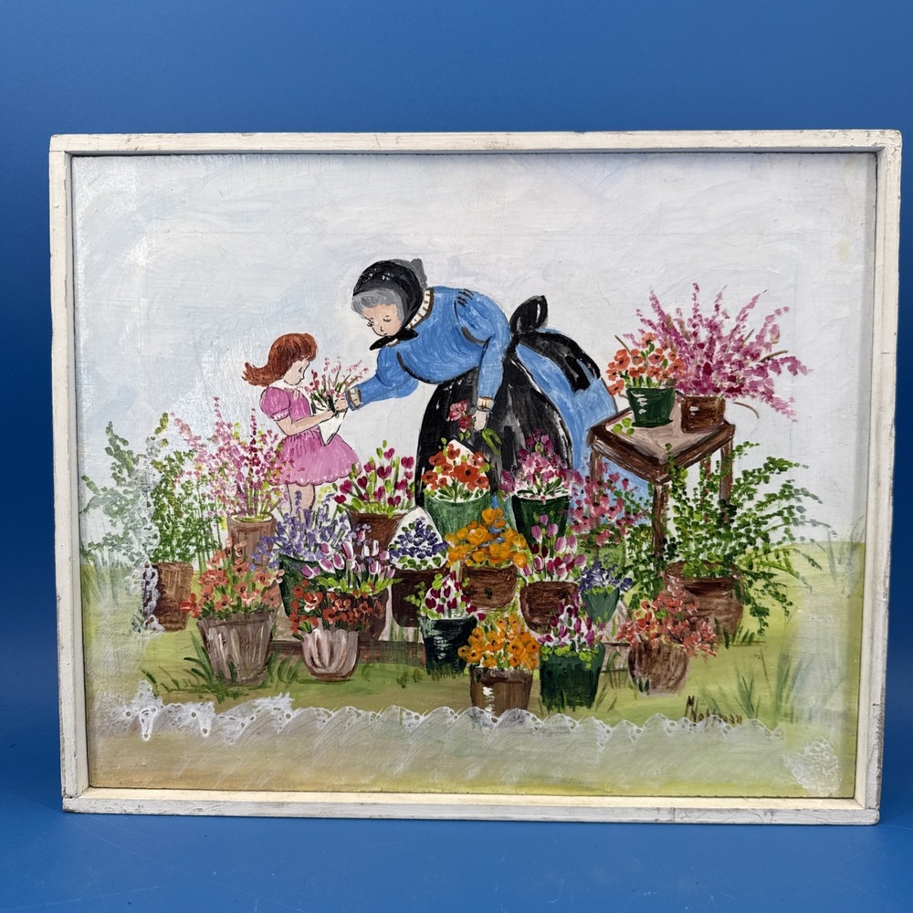 Vtg M Hoffman Signed Folk Art Flower Market Child Painting on Solid Wood Framed
